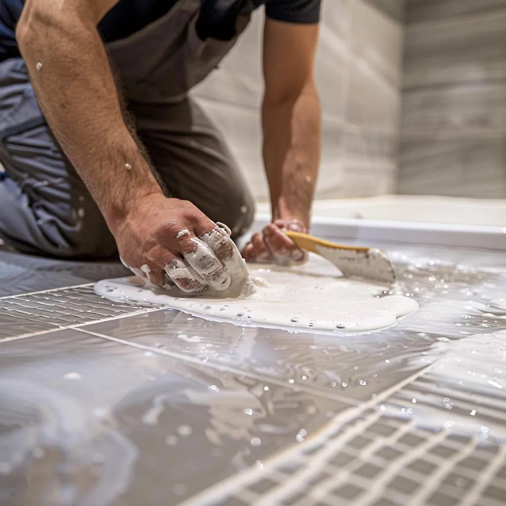 Professional tiler applying waterproofing membrane on tiled surface in bathroom, demonstrating expertise in moisture protection and substrate durability.