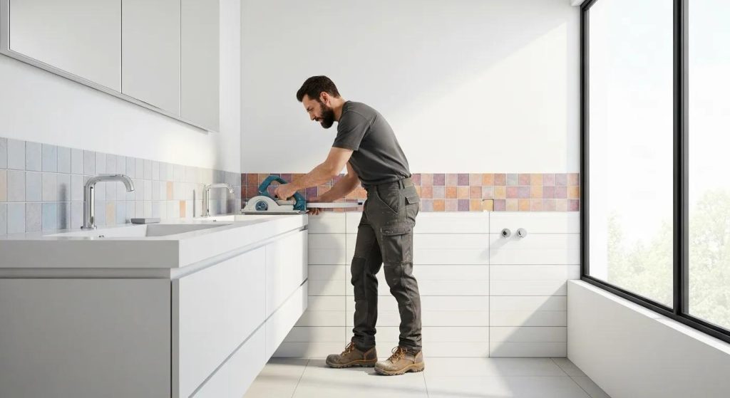Skilled tile contractor meticulously installing wall tiles in a contemporary bathroom, highlighting superior craftsmanship and precise detailing