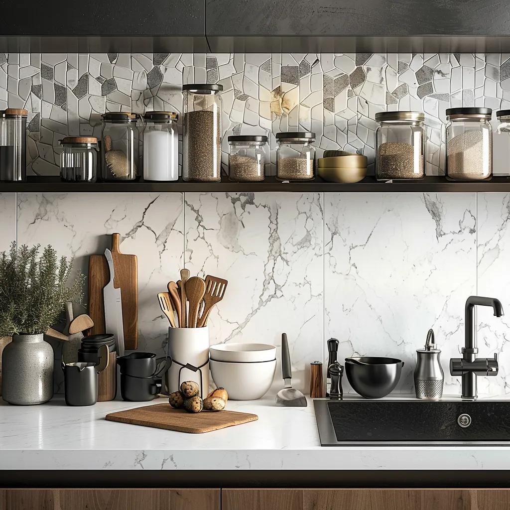 Modern kitchen featuring a marble mosaic splashback and slip-resistant floor tiles, highlighting design and durability