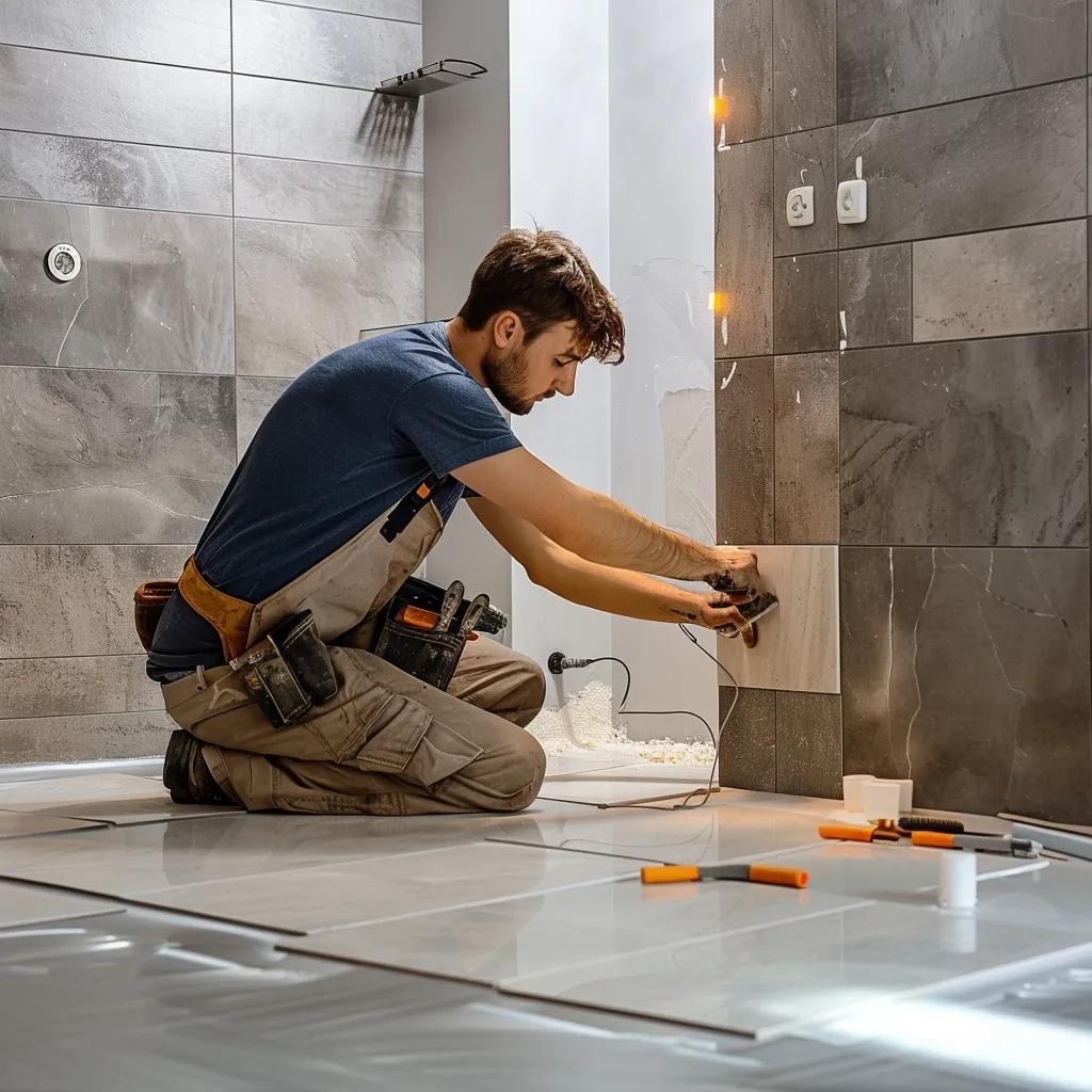 Professional tiling contractor installing tiles in a modern bathroom, highlighting craftsmanship and quality
