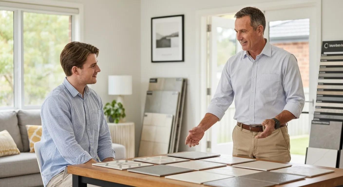 Local tiling specialist consulting with a homeowner in Boronia about tile selections, highlighting personalised service and local knowledge