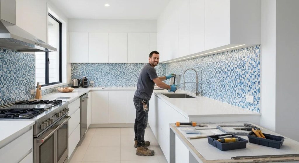 Professional tile contractor installing beautiful tiles in a modern kitchen in Boronia