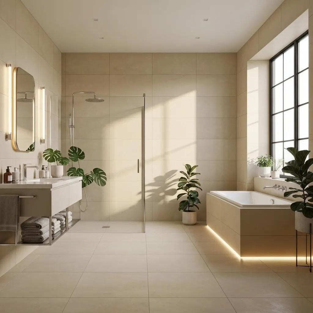 Modern bathroom featuring the latest tile trends, including large-format and terracotta tiles
