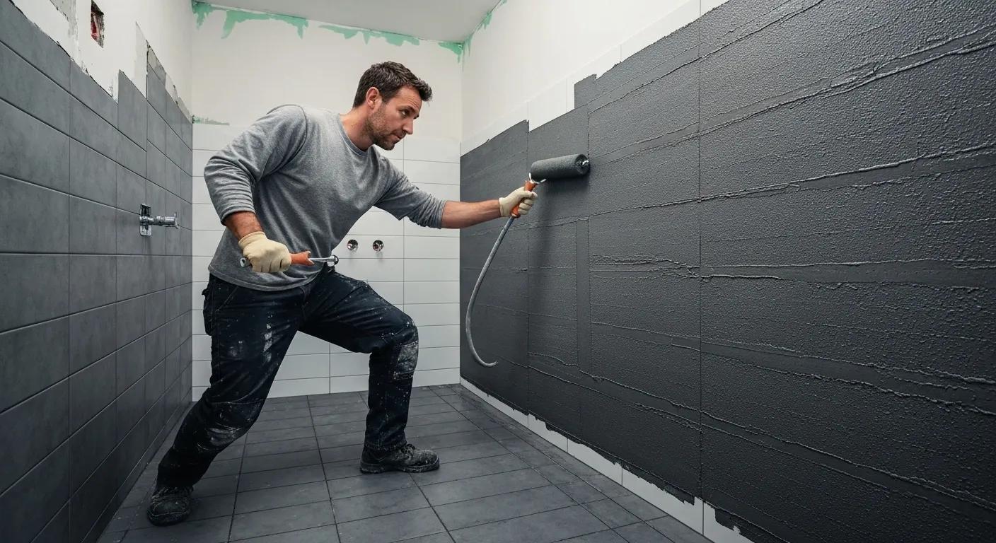 Detailed view of a waterproofing membrane being expertly applied in a bathroom renovation, highlighting the critical role of waterproofing in tiling