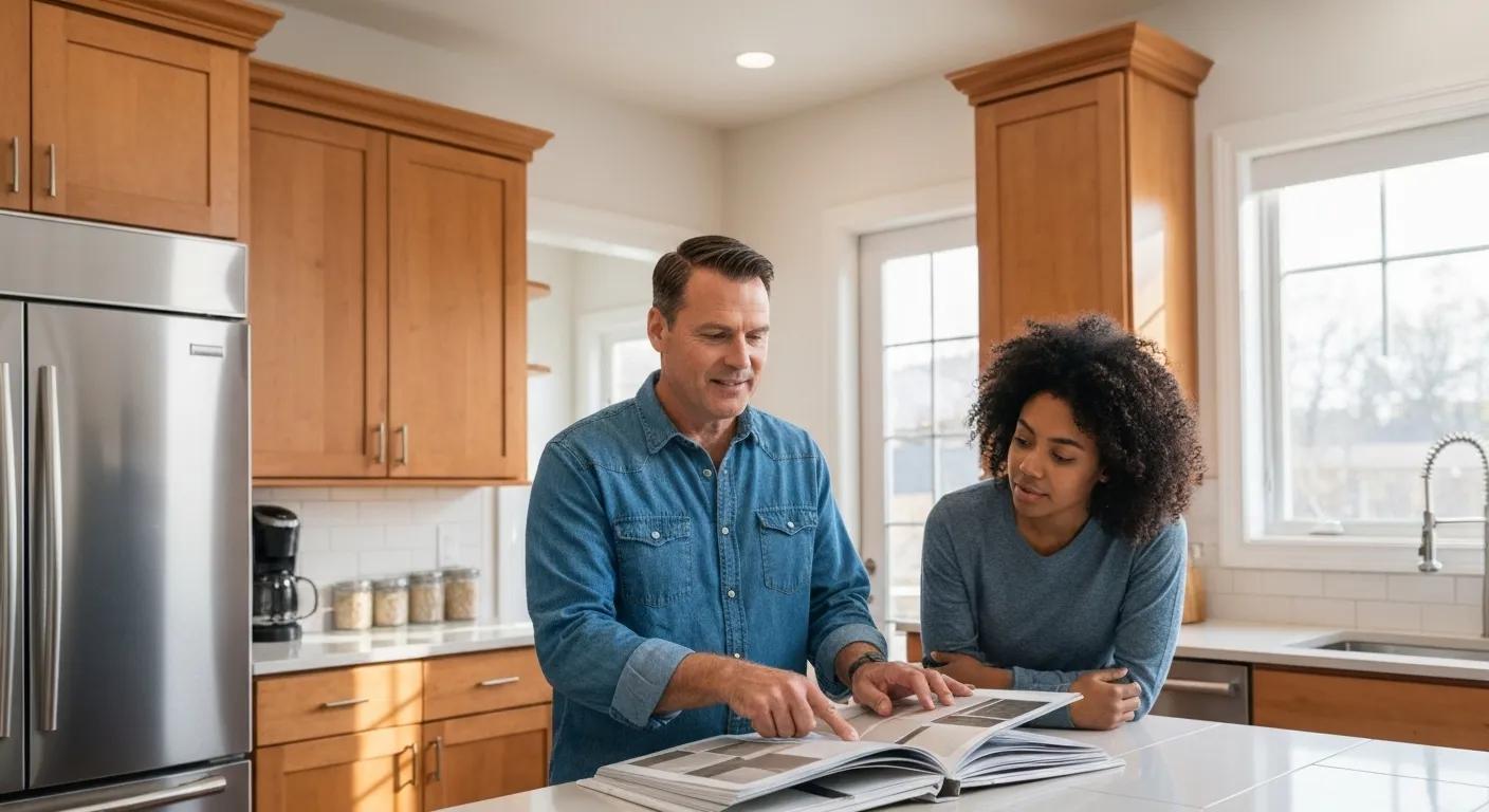 Local tiling contractor discussing tile options with a homeowner in a kitchen setting