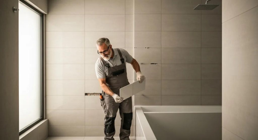 Professional tile contractor expertly installing ceramic tiles in a contemporary bathroom setting
