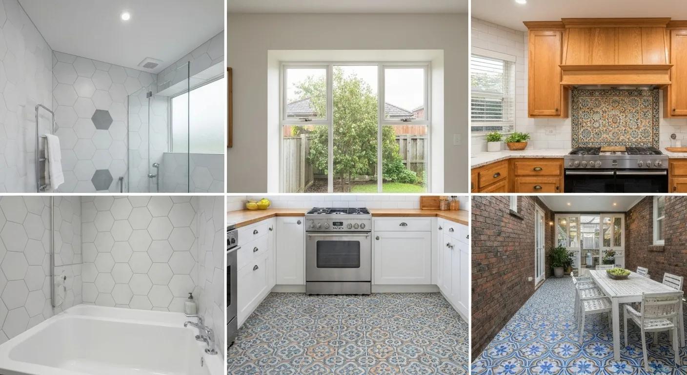 A visual compilation of diverse tiling services, including bathroom, kitchen, and outdoor installations in Boronia