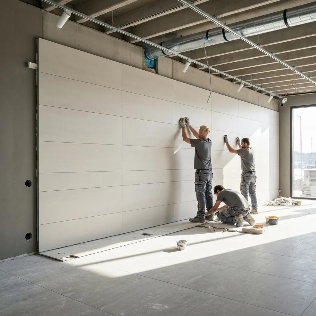 Robust porcelain wall tiling installed in a high-traffic commercial space, demonstrating professional execution