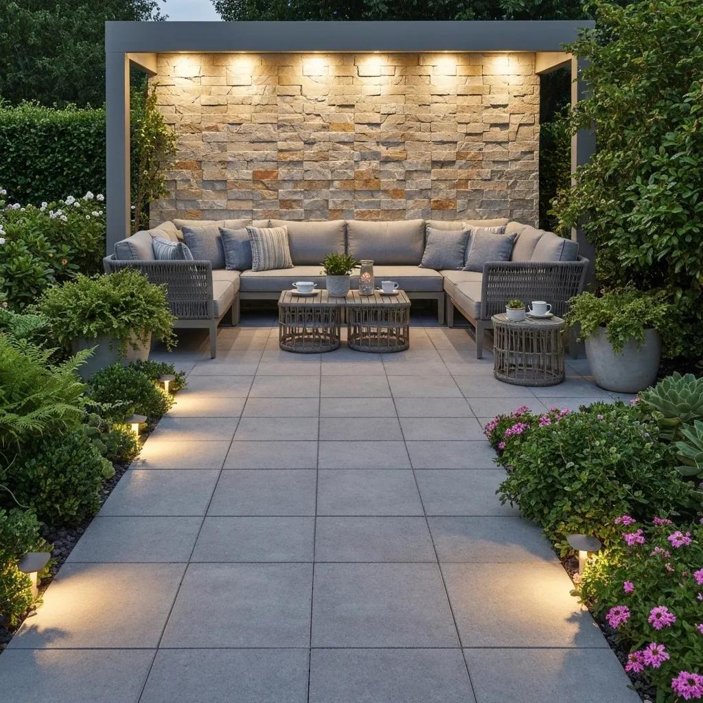 Outdoor patio with slip-resistant porcelain pavers and natural stone mosaic wall illustrating outdoor tiling options